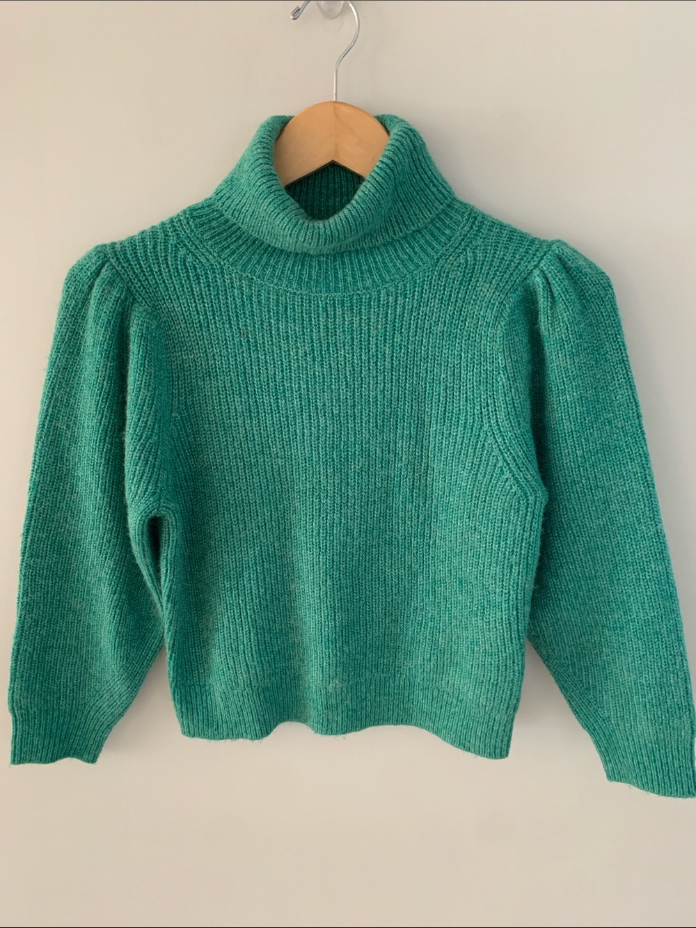 J. Crew Cropped Puff Sleeve Turtleneck Sweater Green Size XS Merino Wool Alpaca